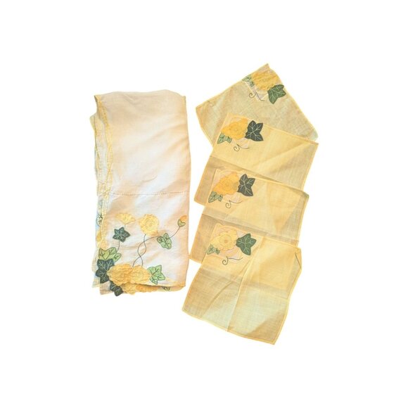 Vintage Yellow Floral Embroidered Linen Napkins & Tablecloth Set cottage summer - Picture 1 of 6